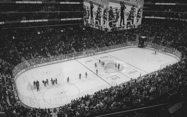 Schwarz-Weiß-Luftaufnahme eines spannenden Eishockeyspiels mit vollem Publikum in einer Arena