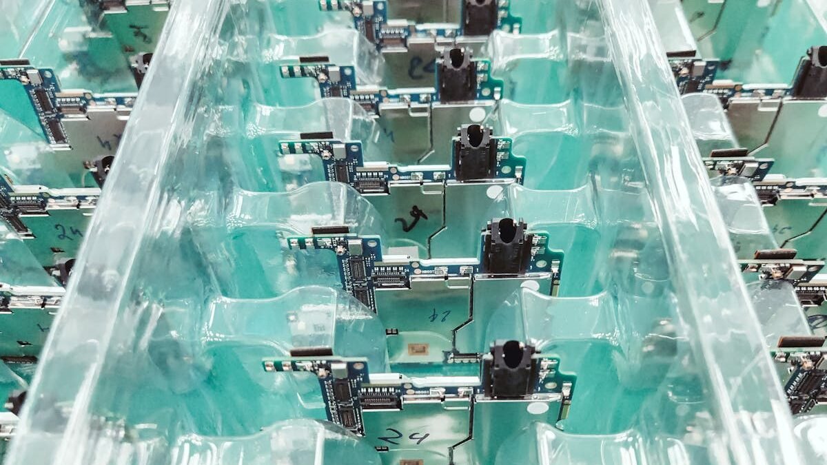 Detaillierte Ansicht von organisierten elektronischen Leiterplatten in einer Produktionsumgebung
