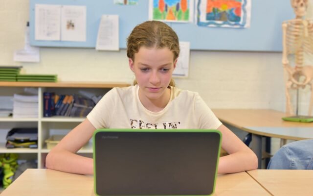 Mädchen kaukasischer Herkunft konzentriert am Laptop in einem Klassenzimmer beim Lernen