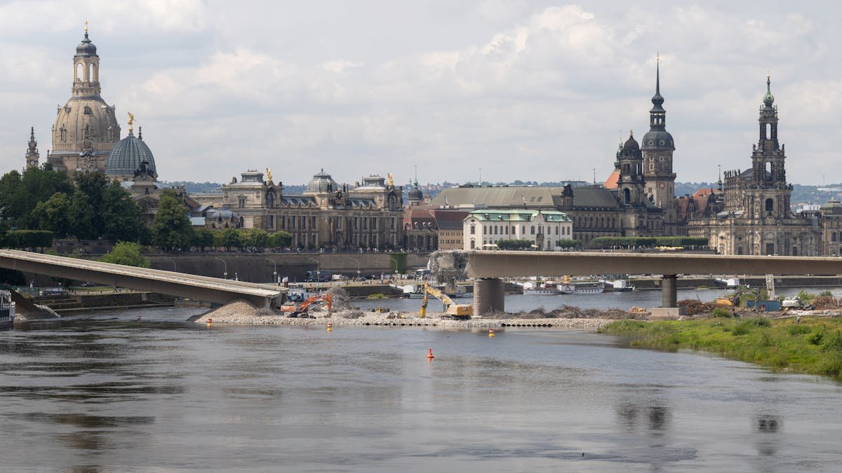 Schöne Panoramaaussicht auf Dresdens historische Skyline neben der ruhigen Elbe