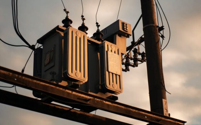 Nahaufnahme eines elektrischen Transformators an einem Strommast vor einem Abendhimmel